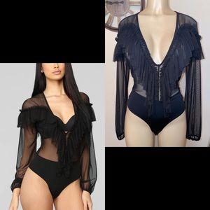 Fashion Nova- Black Sheer Bodysuit- M